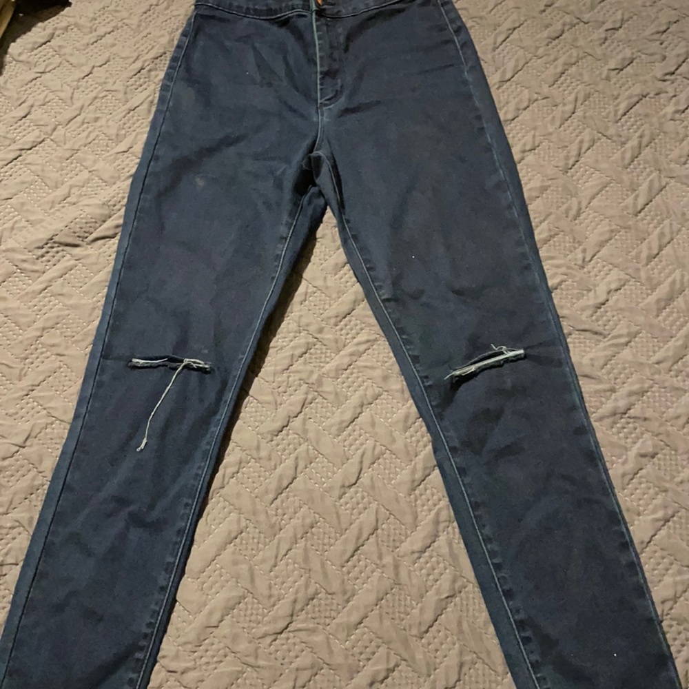 Dark Denim Super Stretch Skinny Jeans With Slit Knees